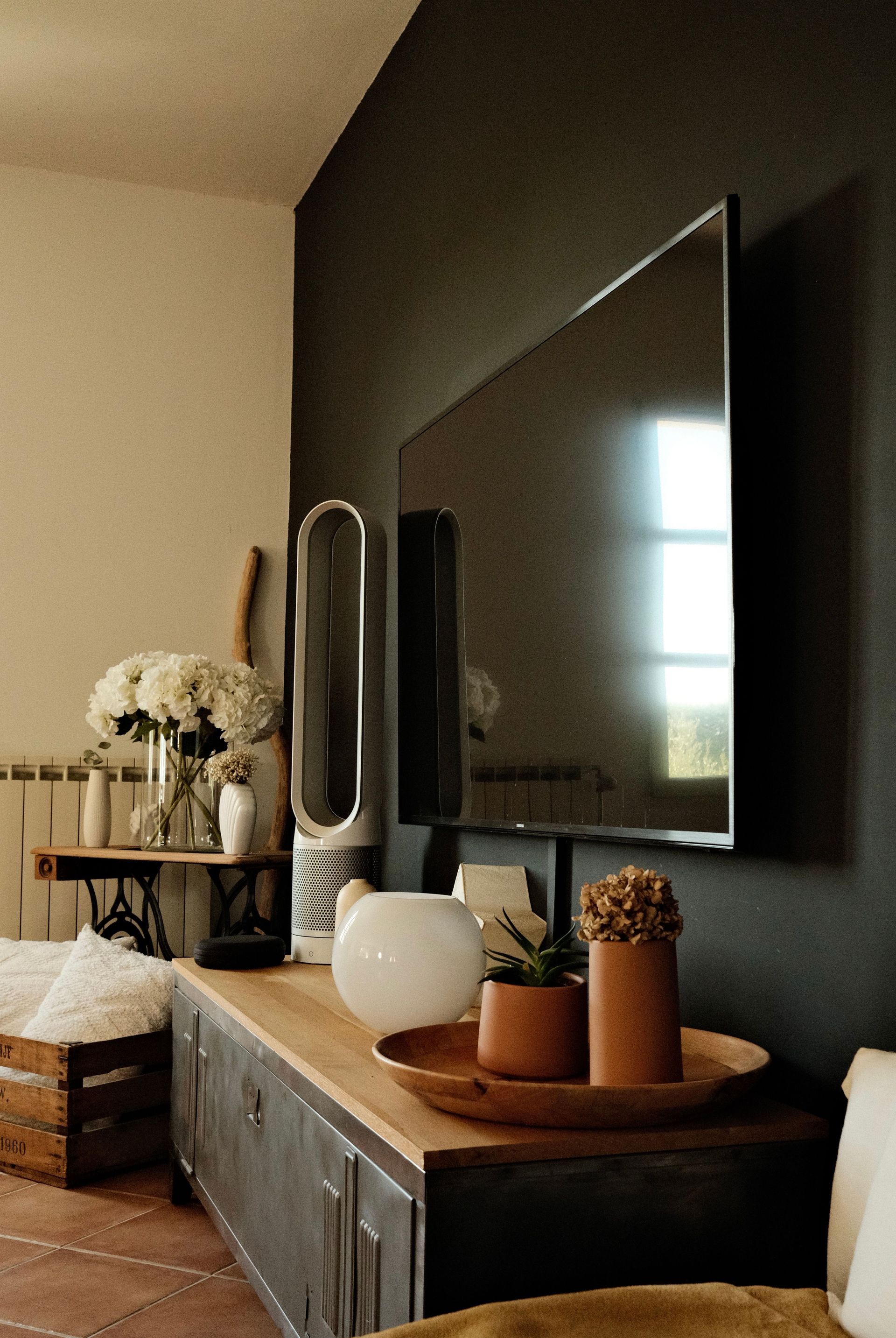 Stylish living room interior with a mounted TV, modern decor elements, and cozy atmosphere.